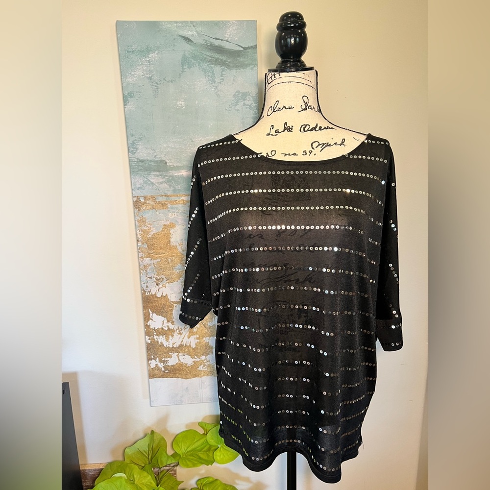 Rock 47 by Wrangler Black Top with Silver Sequins. Somewhat Sheer. Very Sparkly